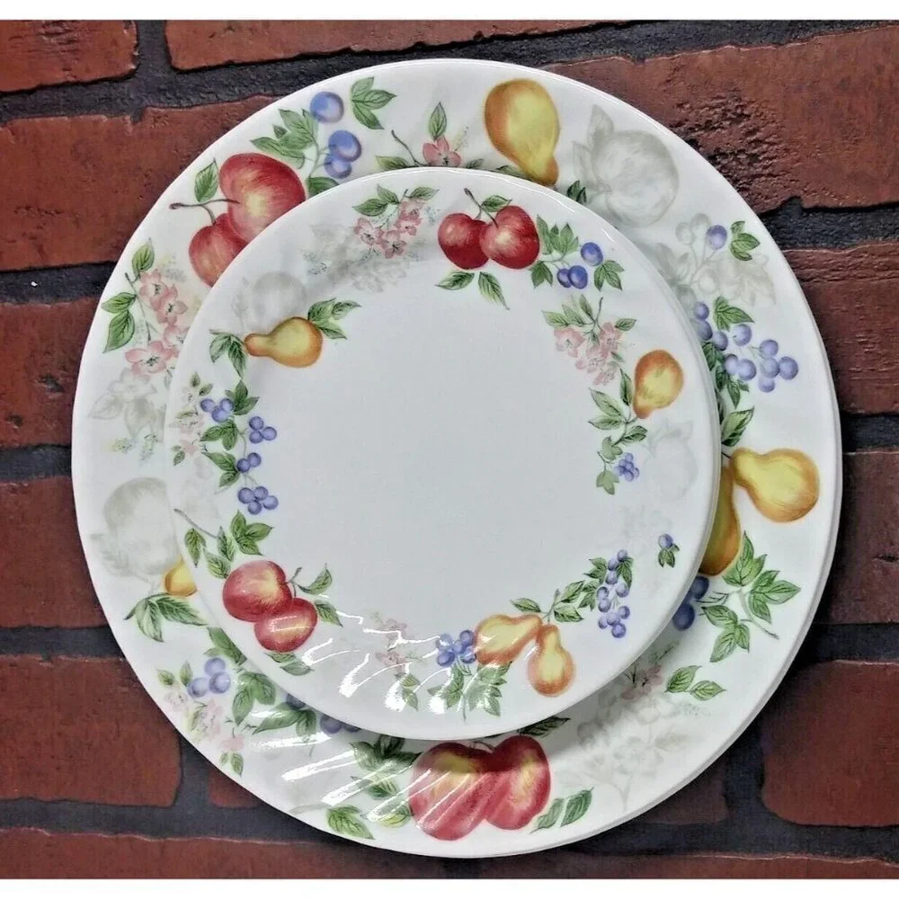 24pc Corelle Chutney Dinnerware set Plates/Bowls/Cups Saucers swirl fruit design